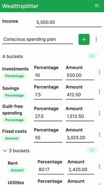 Wealthsplitter set up for an income of $4,450, an investment amount of 10%, savings of 7.5%, guilt-free spending of 27.5%, and fixed costs of $2447.50